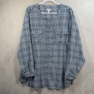 Croft & Barrow Medallion Print Shirt 3X Lightweight Button Front V-neck